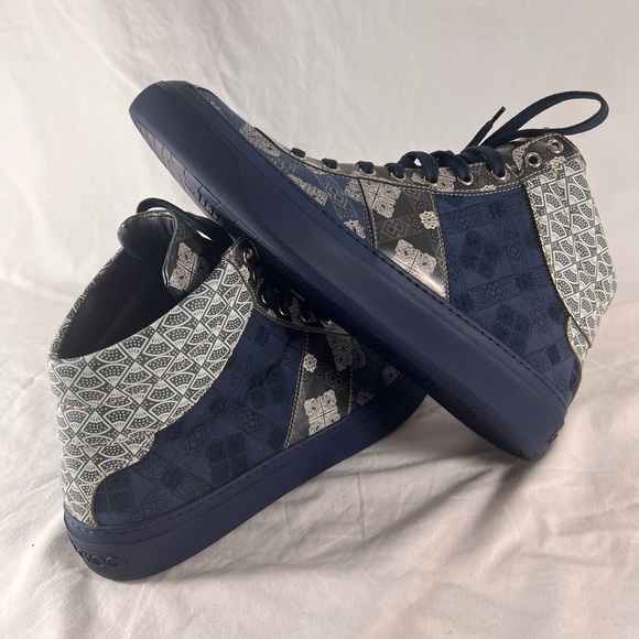 JIMMY CHOO Navy Blue Pattern Canvas Leather High Top Sneakers Marked as 45 12US - Picture 8 of 15